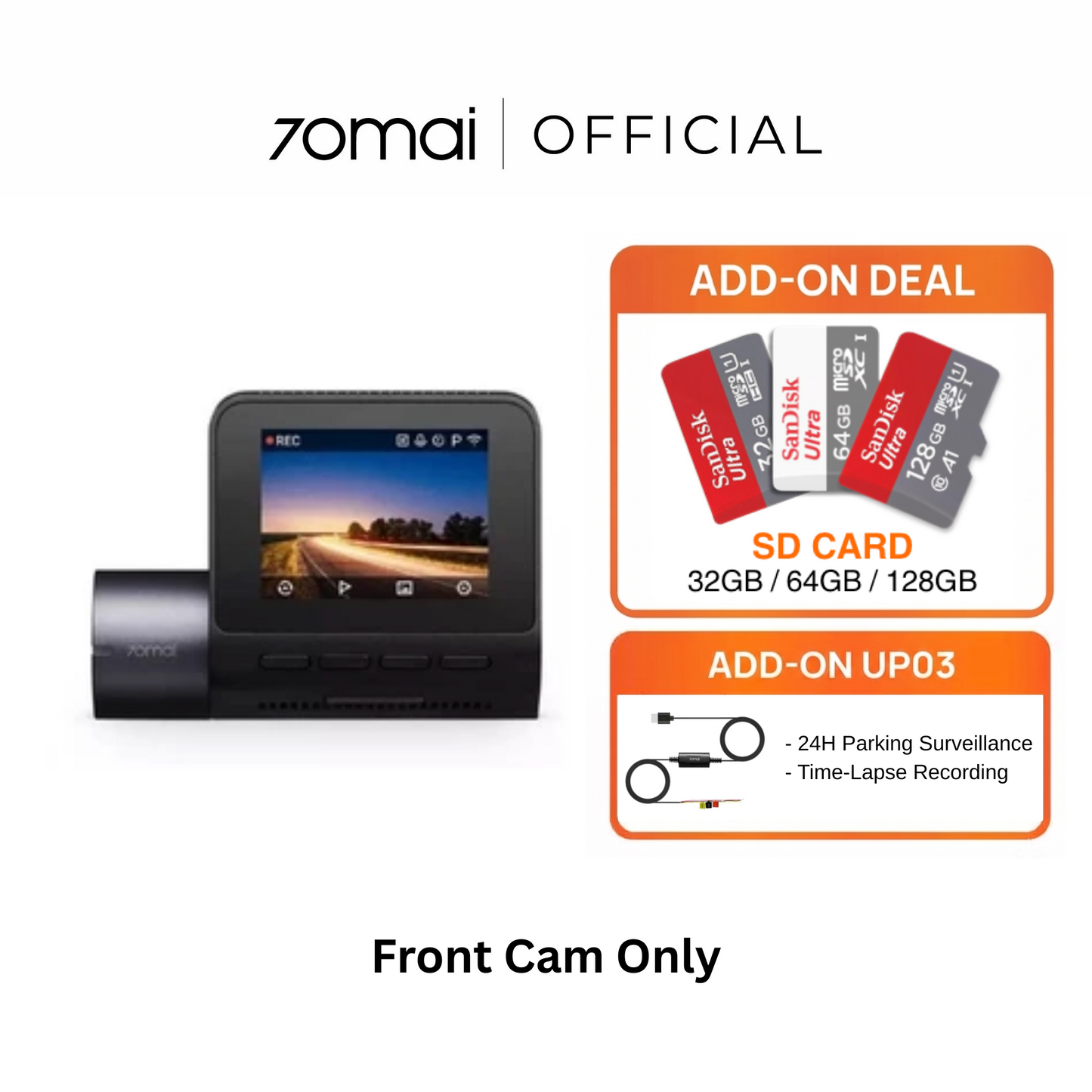 Front-only dashcam with front camera and built-in display screen