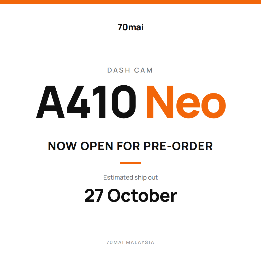 70mai A410 Neo dash cam pre-order announcement card with date text