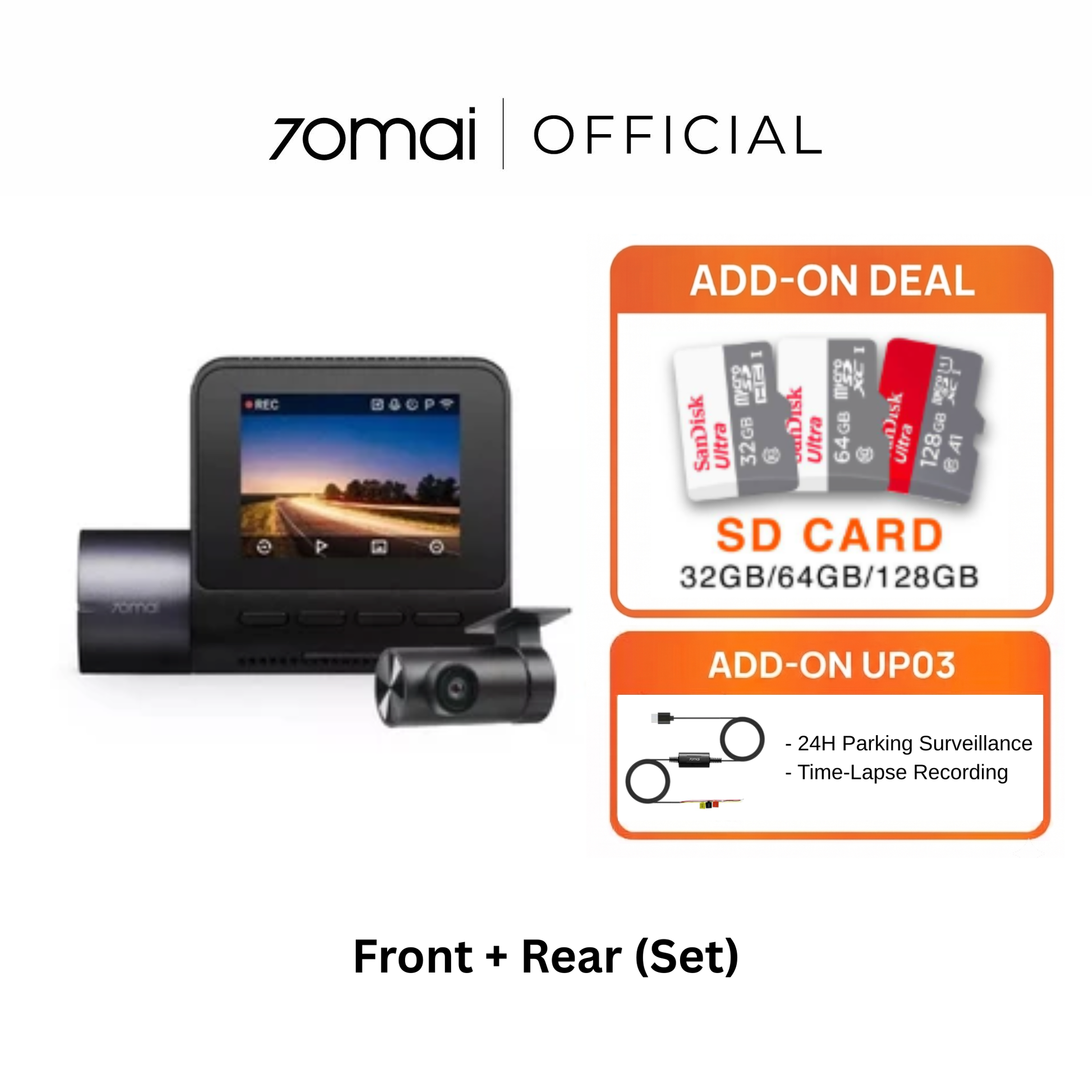 2.5K dashcam kit with front camera and rear camera lens, front+rear setup