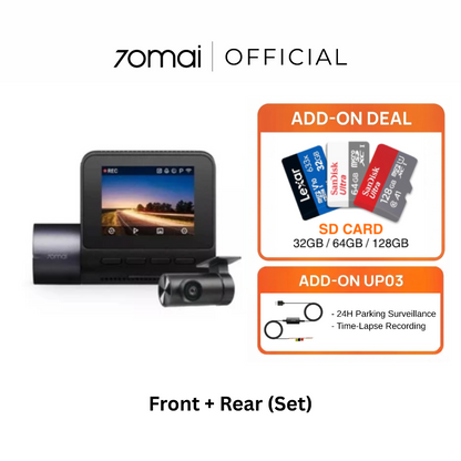 Black dual dashcam set with front and rear camera modules and built-in screen