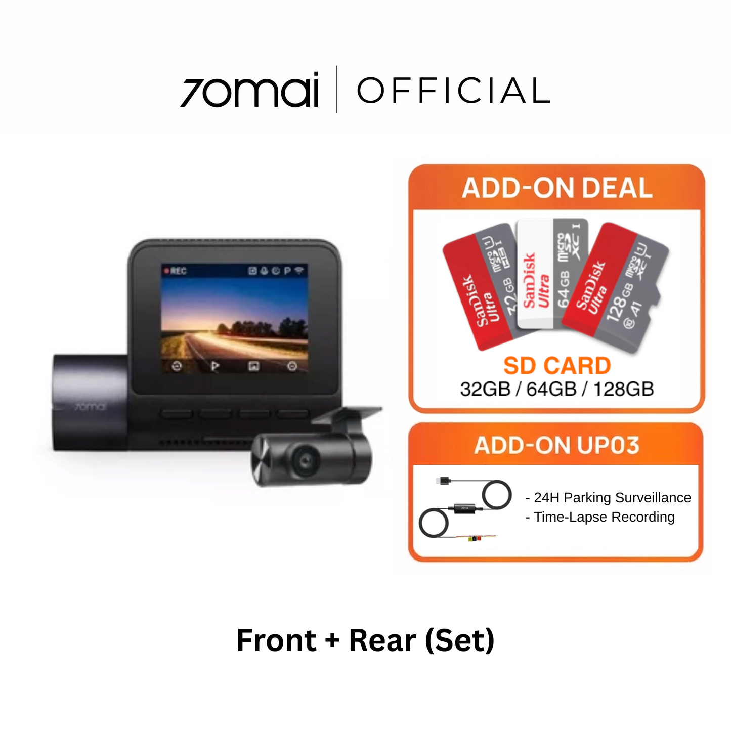 Front+rear dashcam set with front display and separate rear camera lens
