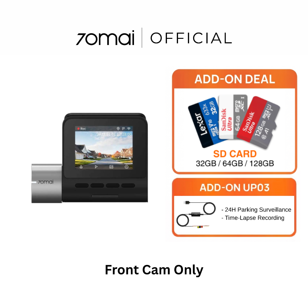 A500s dashcam with front camera unit, black body and display screen