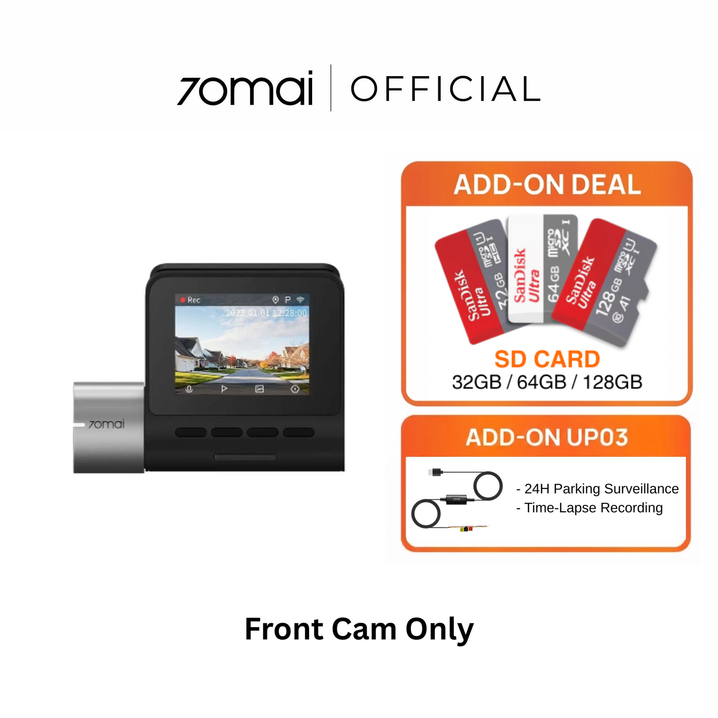 7omai front dashcam with screen, compact black body, and silver mount