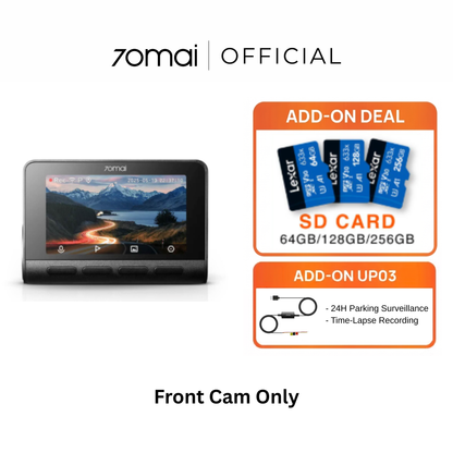 4K dashcam with front camera unit, black dashboard mount body and screen