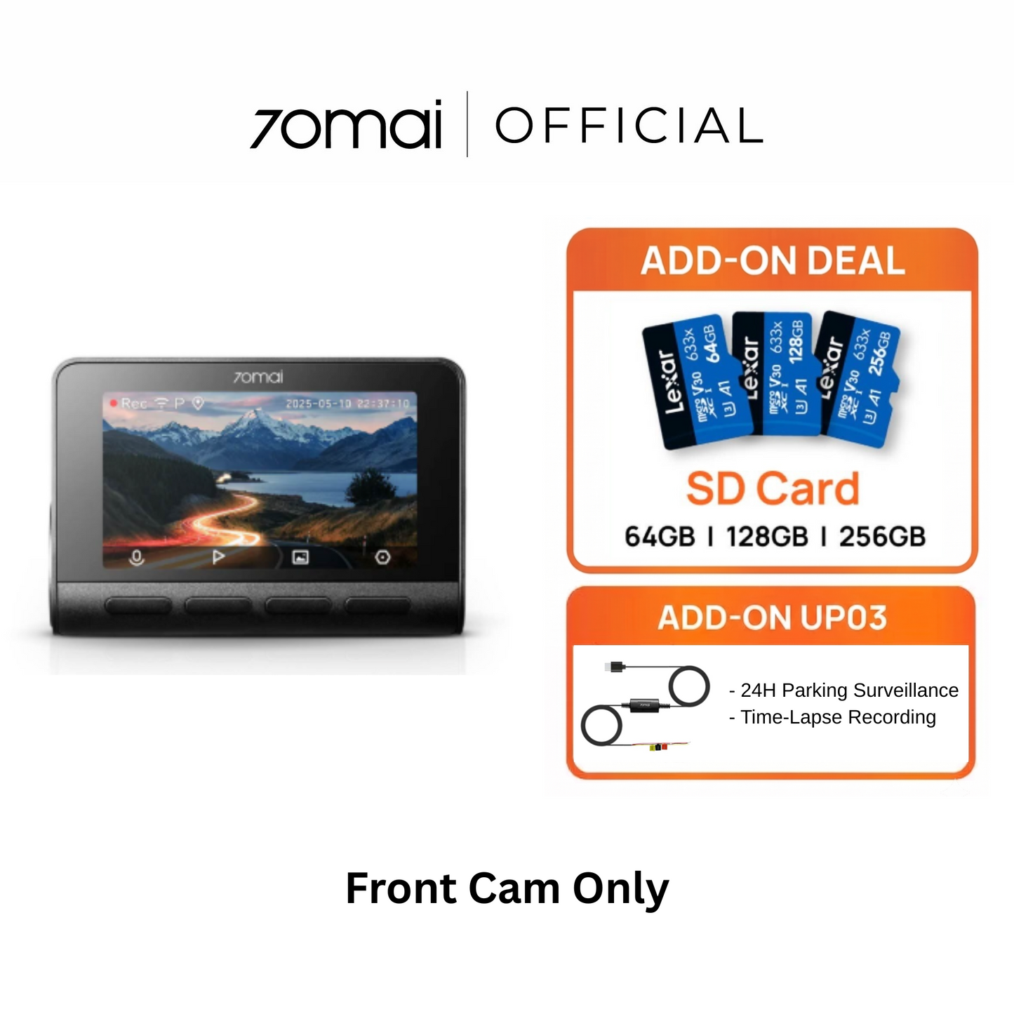 4K dashcam front camera unit with built-in screen, black