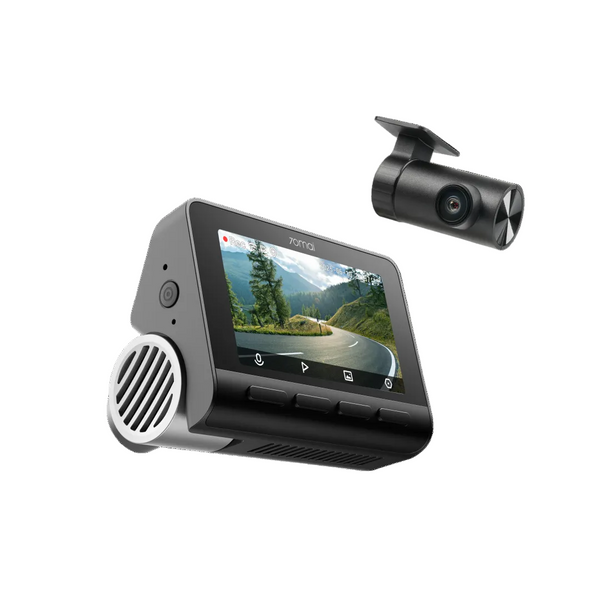Black dual-channel dash cam with front screen and rear camera module