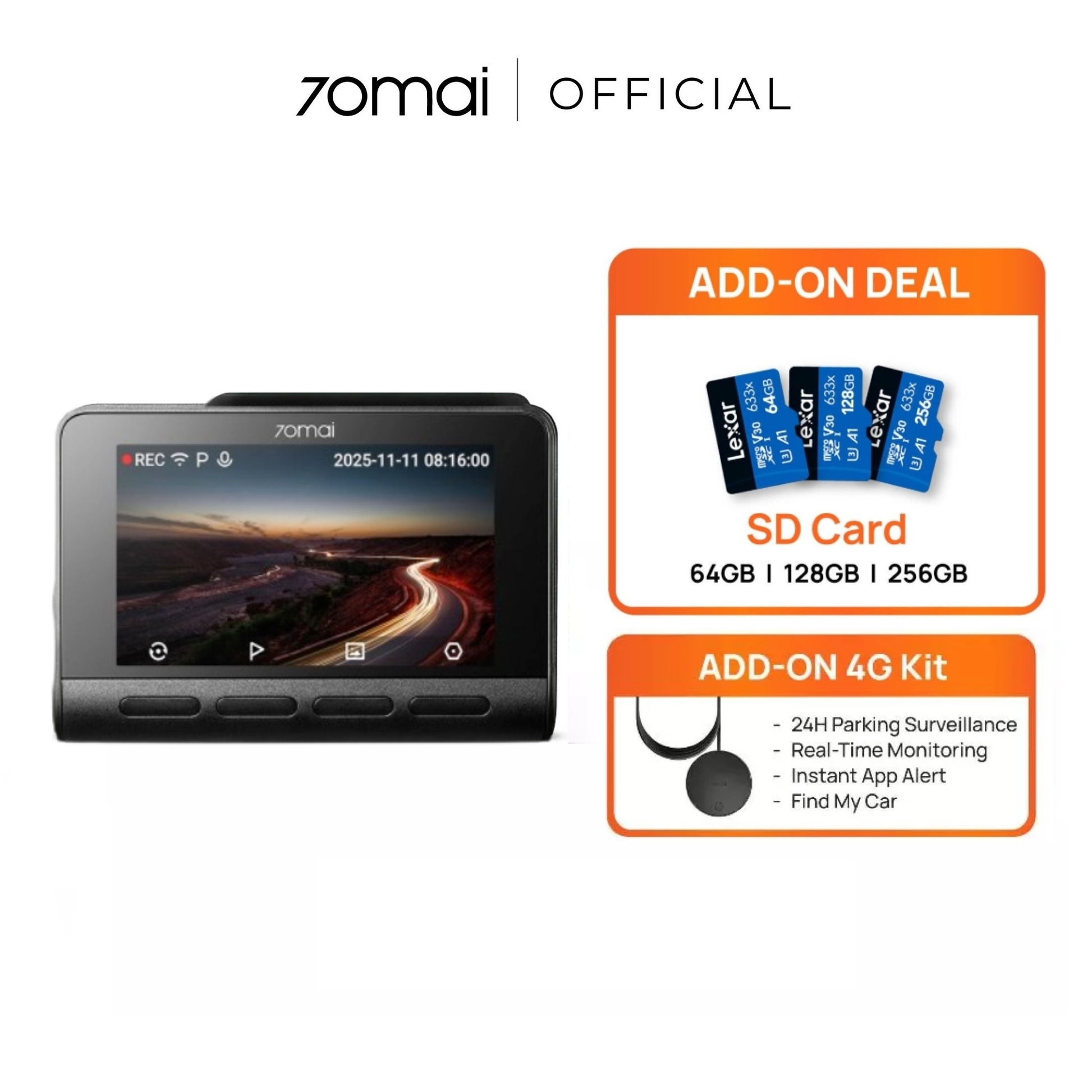 Front dash cam with screen, plus add-on deal showing SD cards and 4G kit