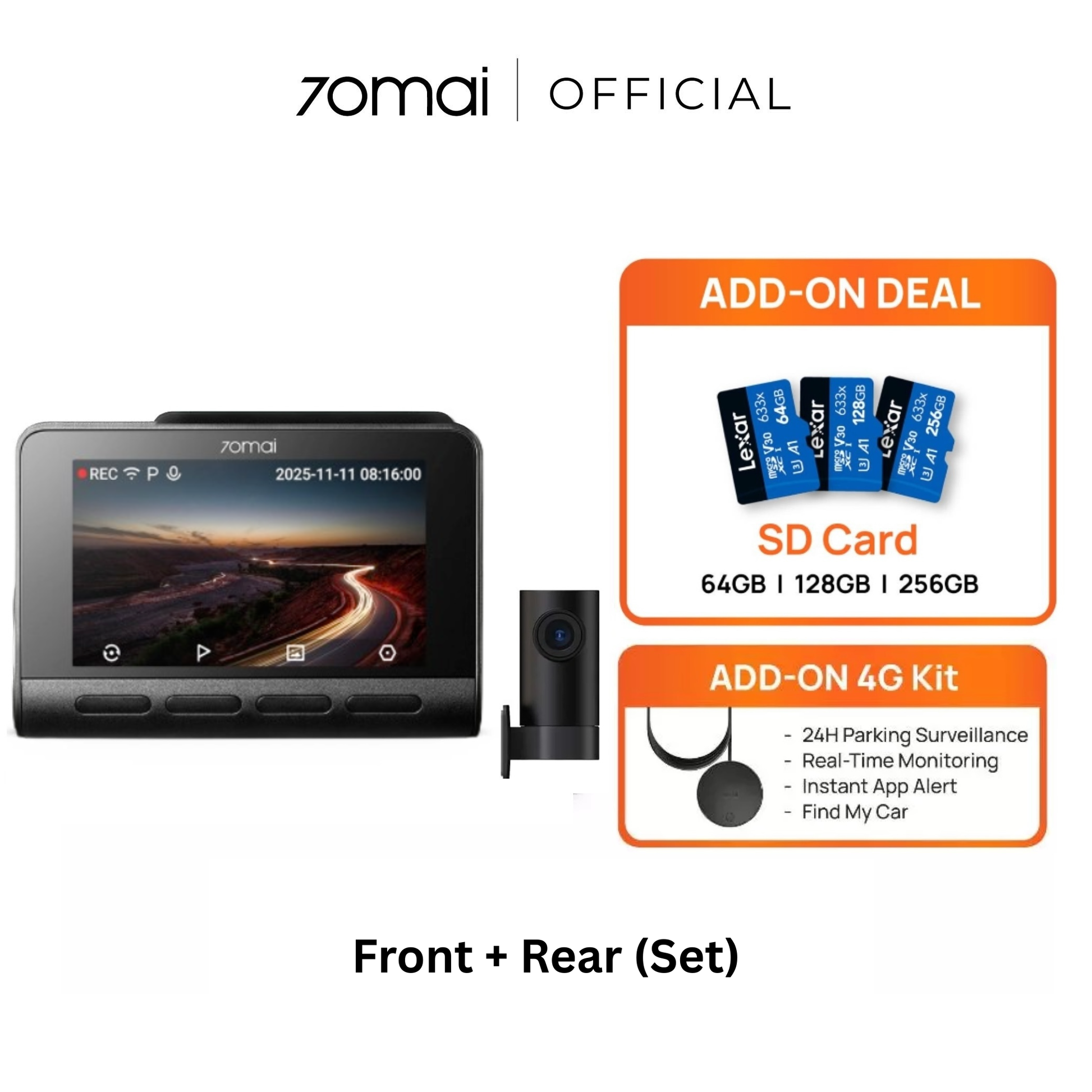 Dash cam set with front unit and rear camera, plus add-on deal with SD cards