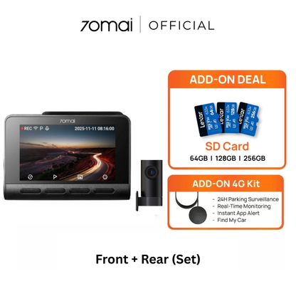 Dash cam set with front unit and rear camera, plus add-on deal with SD cards