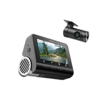 Black dash cam with screen and front lens module, angled view