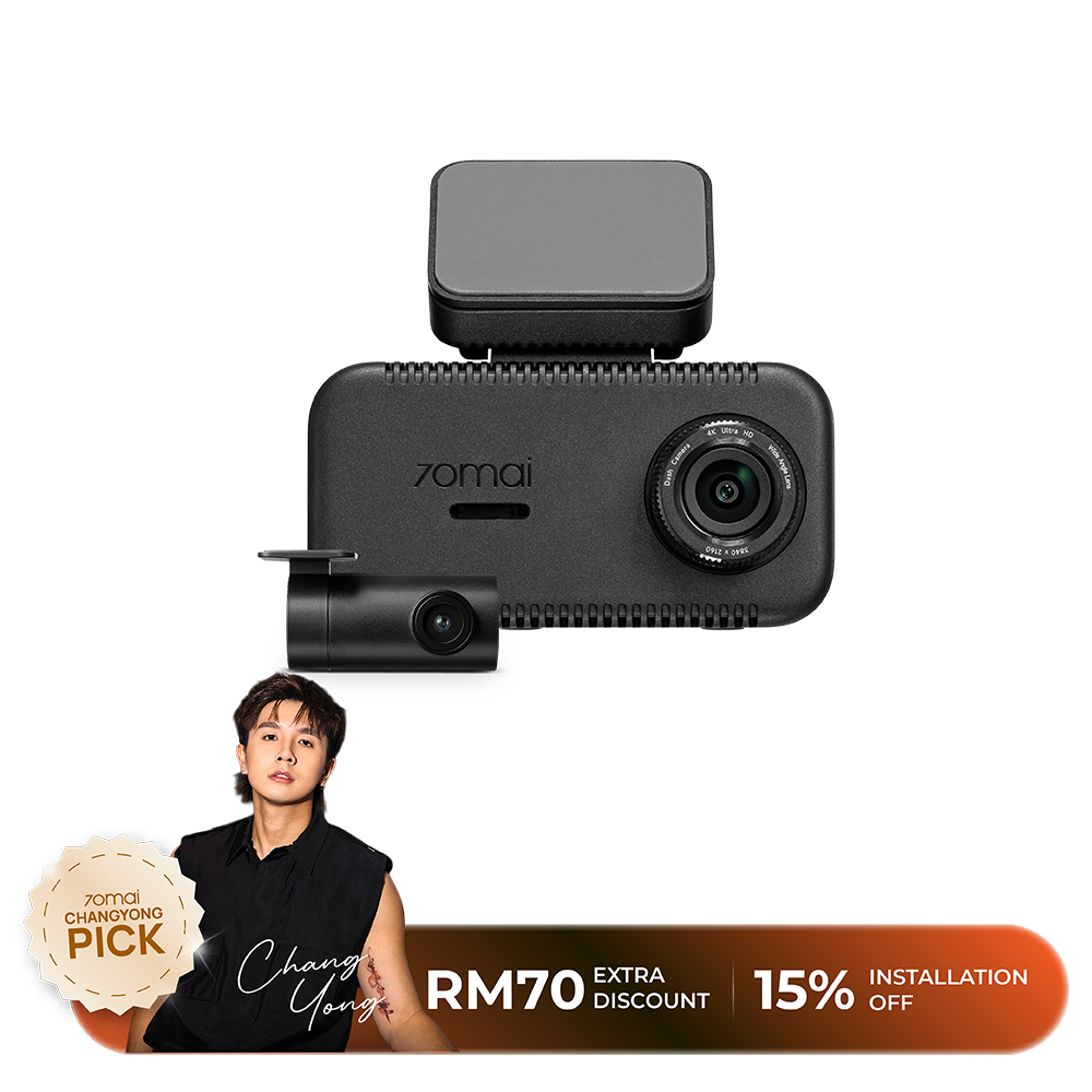 Black dash cam device with main body, front lens, and rear lens