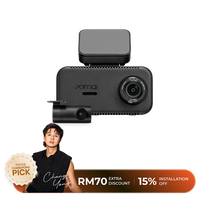 Black dual dash cam with rear camera module and discount banner overlay