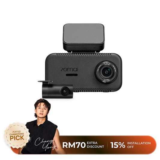 Black dual-channel dashcam with front and rear camera lenses