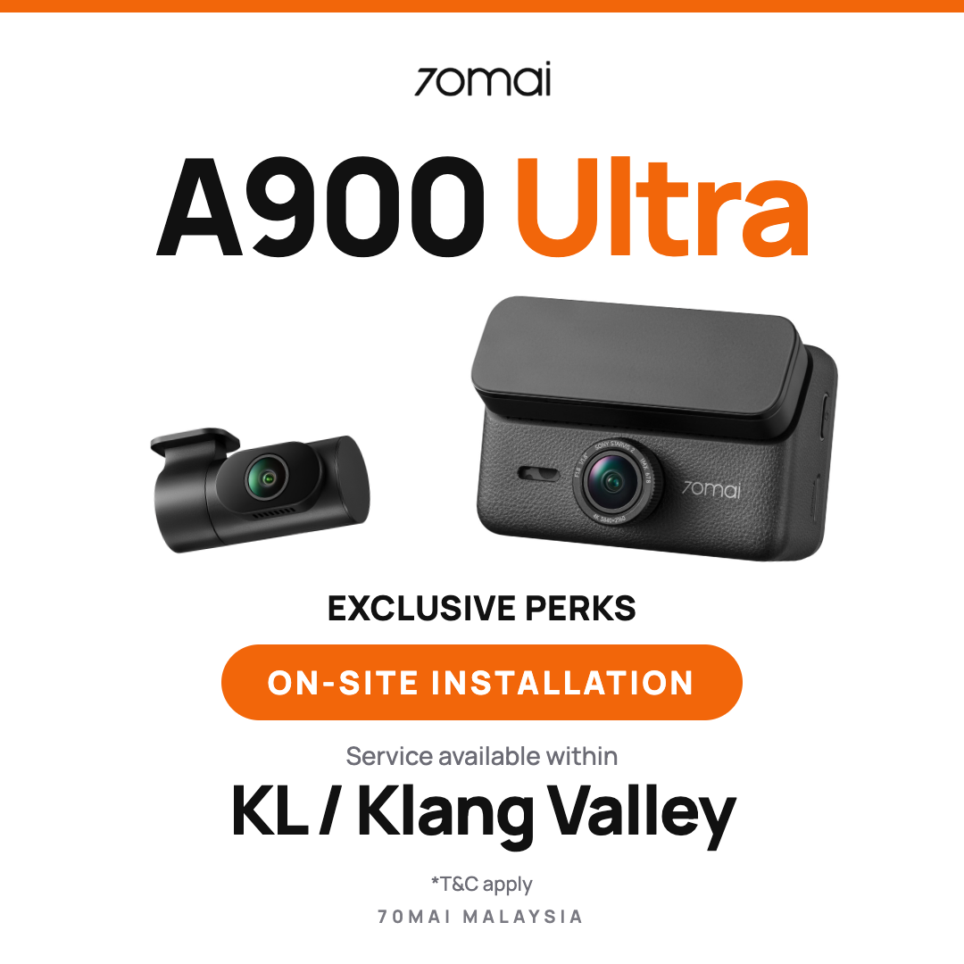Dash cam with front camera module and main unit, dark gray housing with lenses