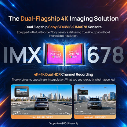4K dual-channel dashcam screen showing front and rear recording thumbnails