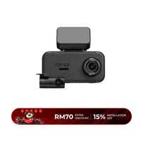 Black dual-lens 4K dashcam with front and rear camera modules
