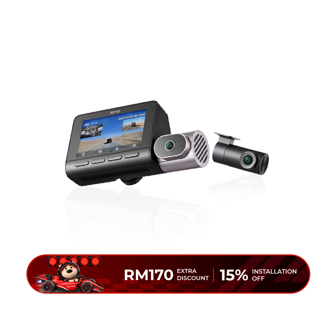3-channel dash cam with screen unit and two cylindrical cameras, front and rear lenses