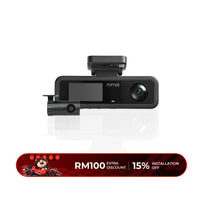 3-channel dashcam with front screen and dual lens module, black body