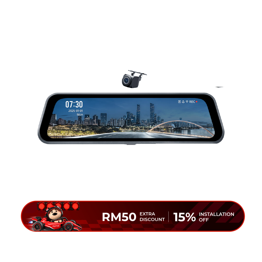 Rearview dashcam mirror with 2.5K screen and small camera on top mount