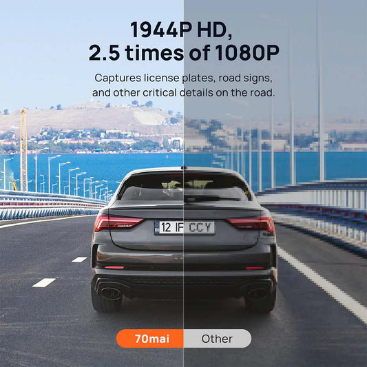 M500 2.7K dashcam rear-view recording frame showing road and vehicle in center
