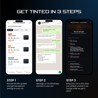 Window tint booking steps graphic showing tint grades, WhatsApp booking, and appointment details