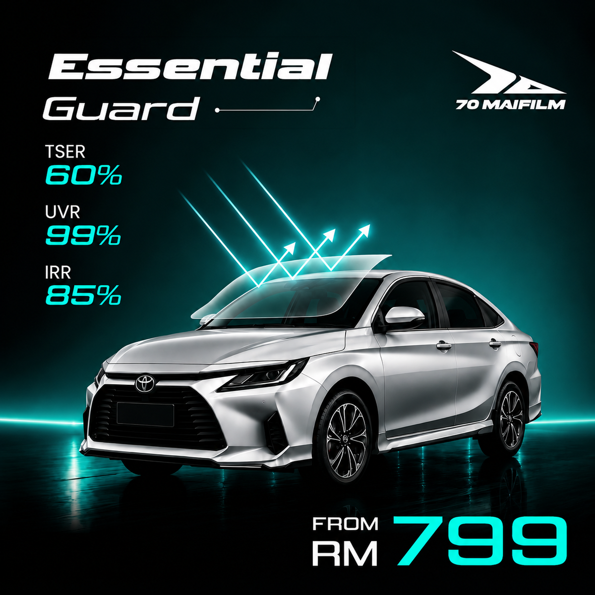 Essential Guard nano ceramic window tint for car, silver sedan angled front view