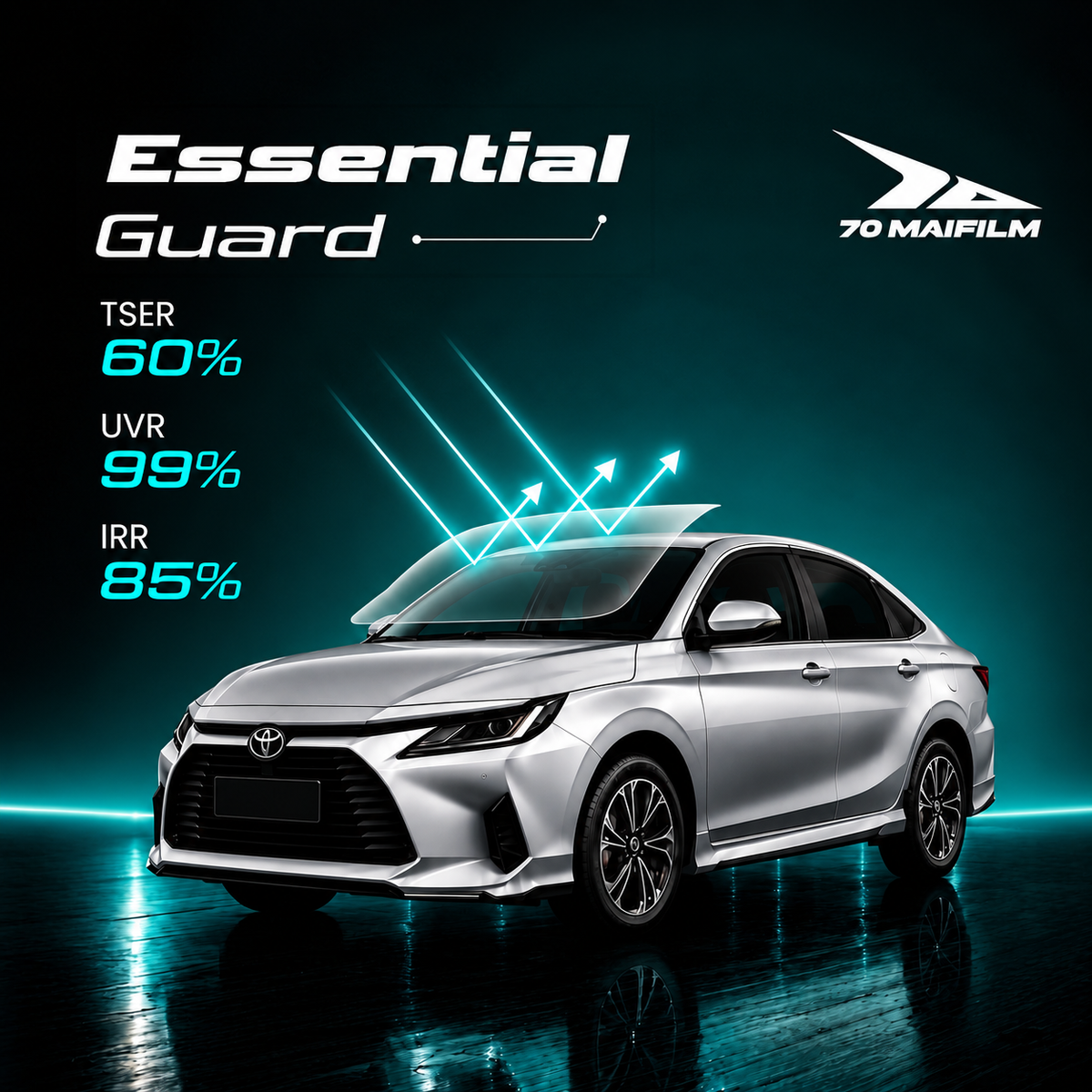 Essential Guard nano ceramic window tint applied to silver sedan, front view