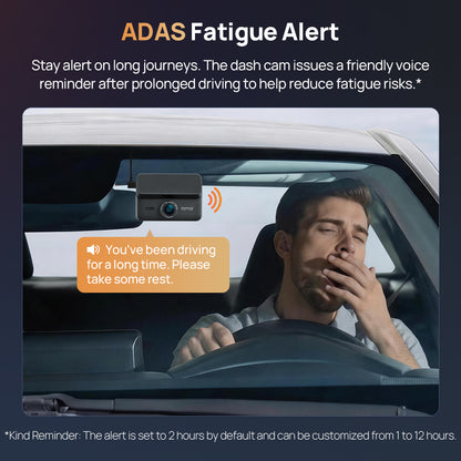 Dashcam fatigue alert infographic with in-car dashcam and driver reminder