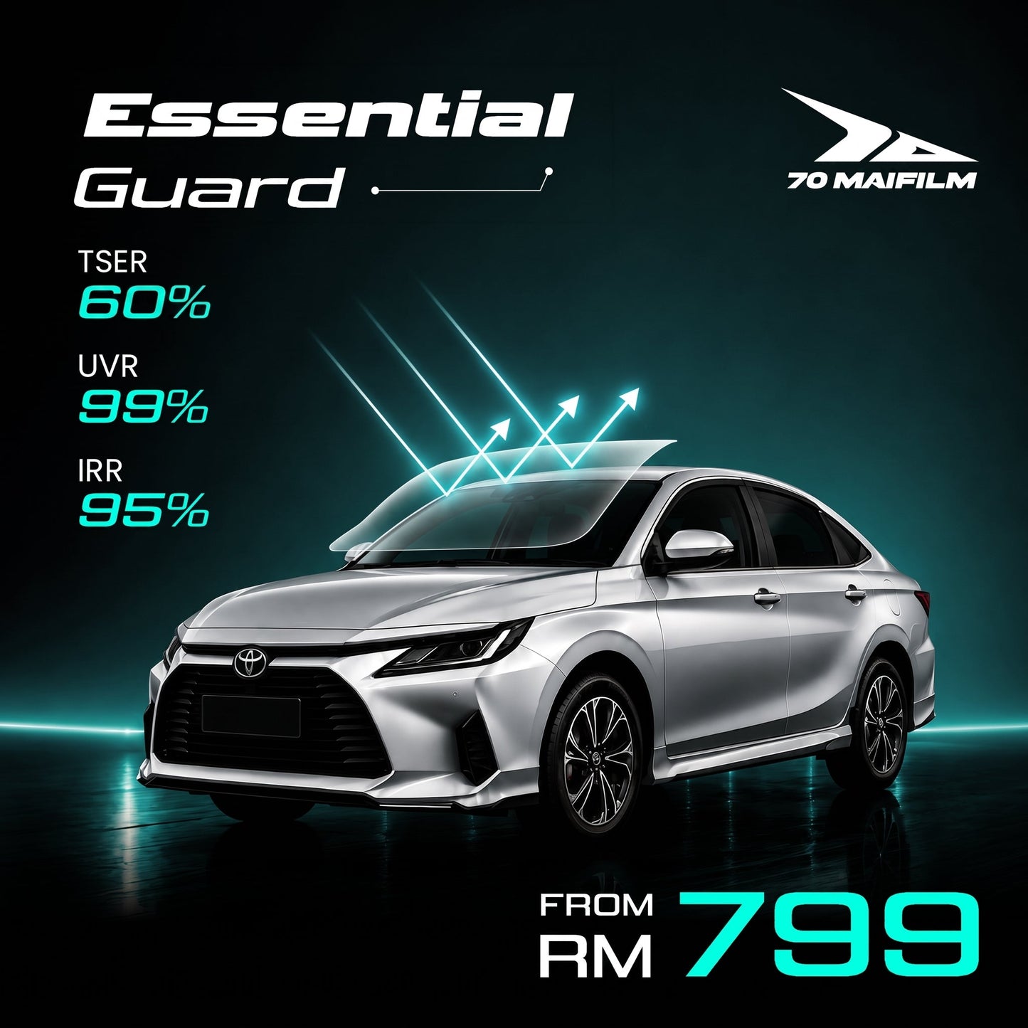 Nano ceramic window tint, Essential Guard, on silver sedan with dark front-side windows