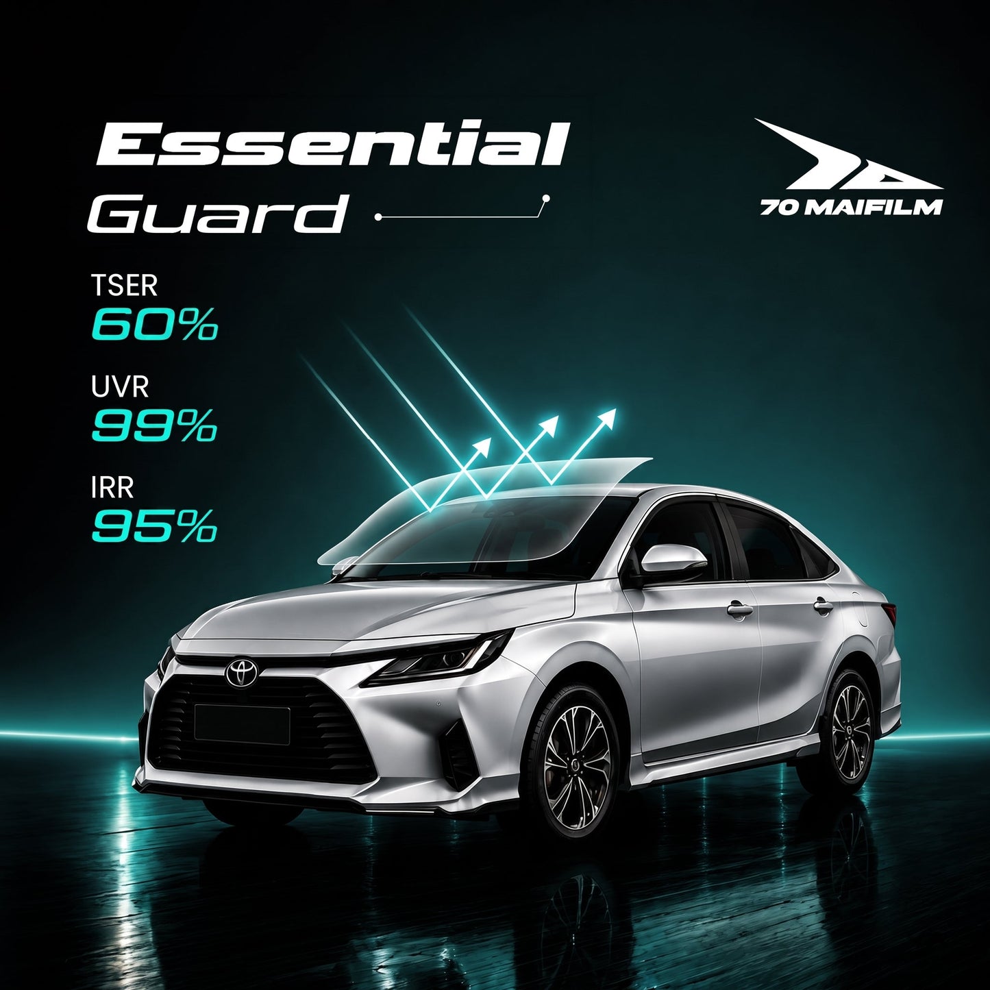 Nano ceramic window tint, Essential Guard, on silver sedan with dark front and side windows