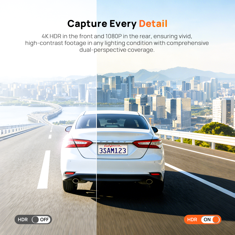 Dual-channel dash cam with rear camera lens mounted on car