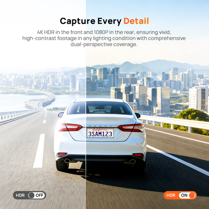 Dual-channel dash cam with rear camera lens mounted on car