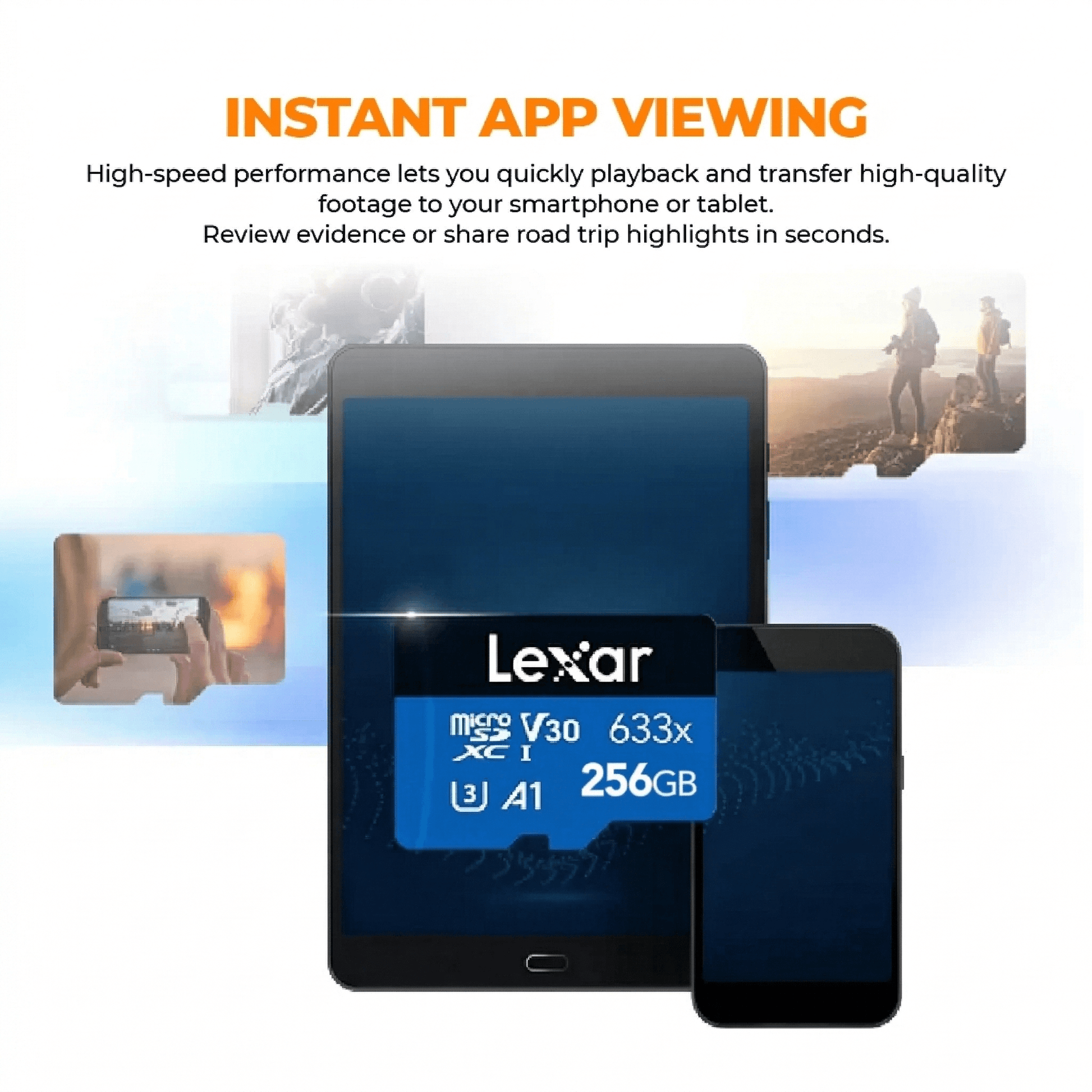 Lexar microSD memory card, front view, blue label, V30 633x, 256GB, A1