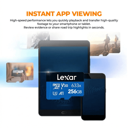 Lexar microSD memory card, front view, blue label, V30 633x, 256GB, A1
