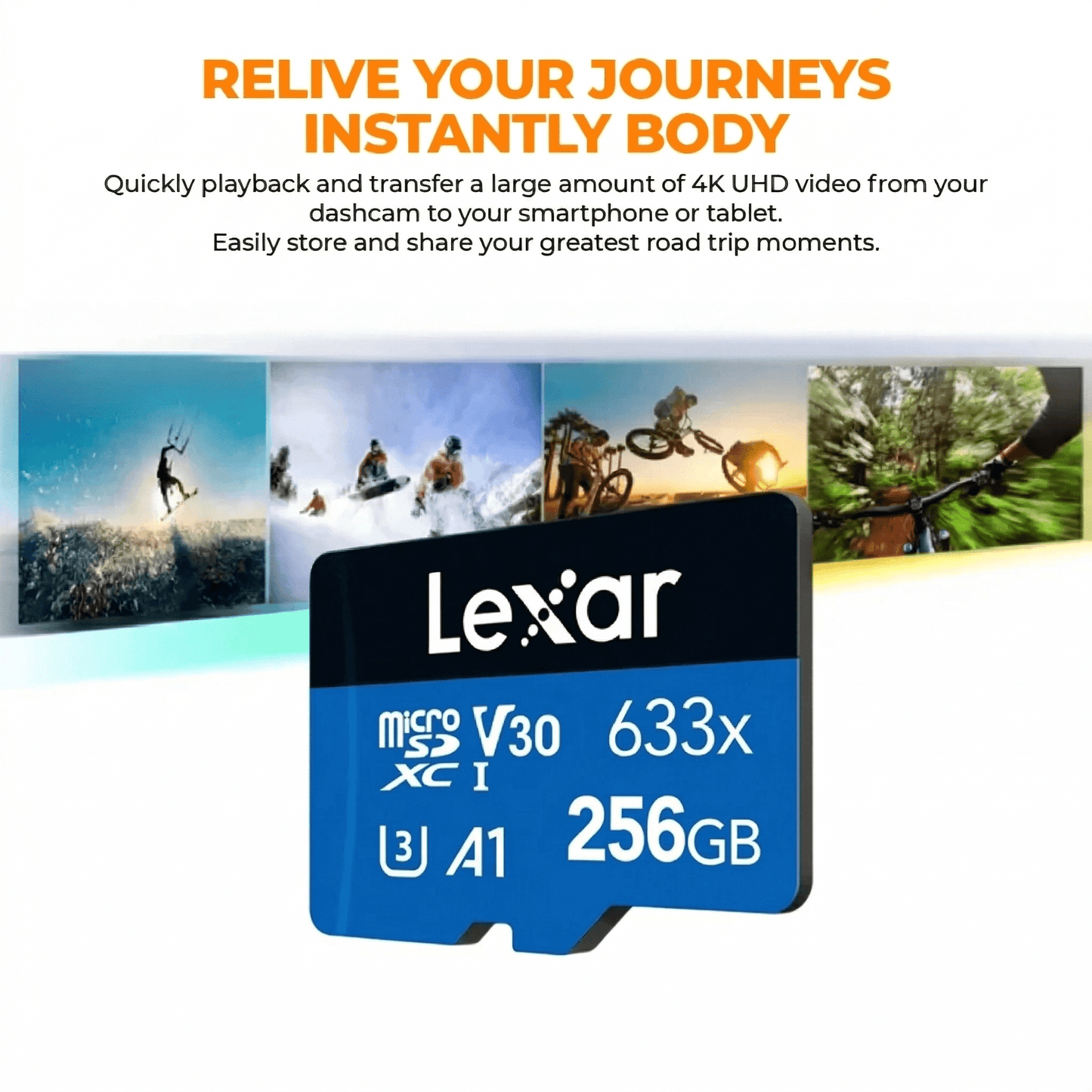 Lexar microSD memory card, blue label, V30 633x, 256GB, A1, close-up