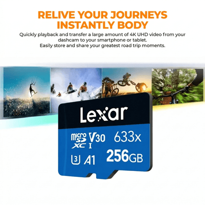Lexar microSD memory card, blue label, V30 633x, 256GB, A1, close-up