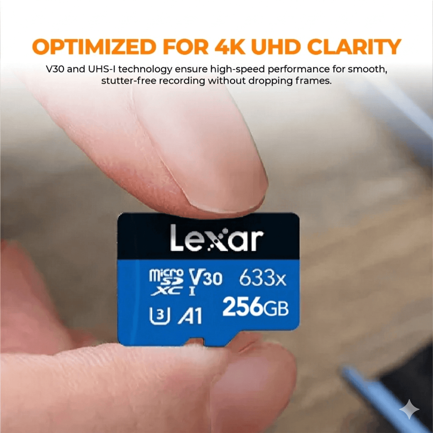 Lexar microSD memory card held between fingers, blue label, V30 633x, 256GB, A1