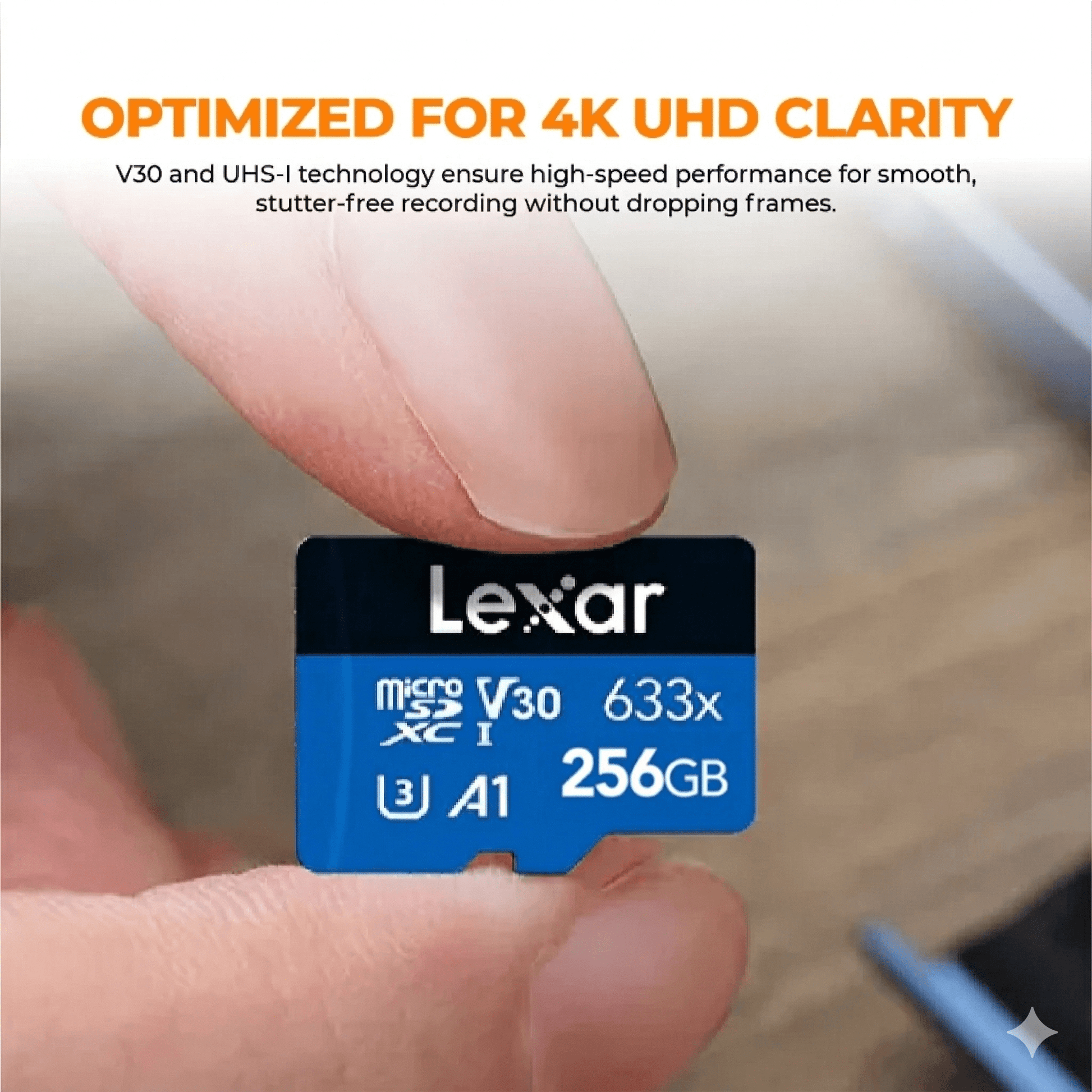 Lexar microSD memory card held between fingers, blue label, V30 633x, 256GB, A1