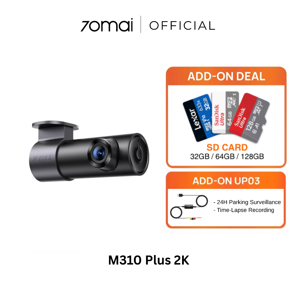 M310 Plus 2K dashcam with dual front cameras, dark body, compact windshield design