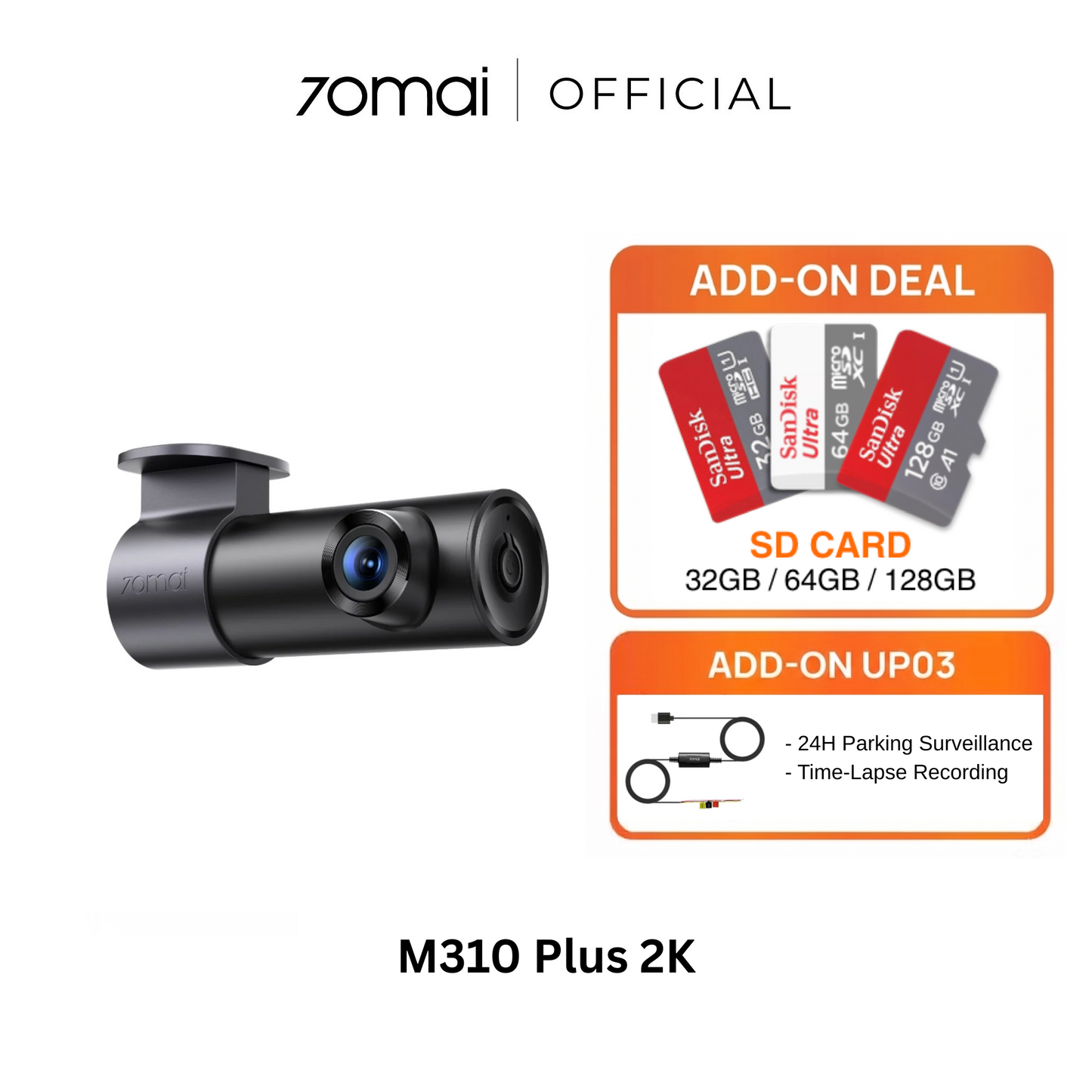 Dash cam with dual lens, matte black housing; model M310 Plus 2K