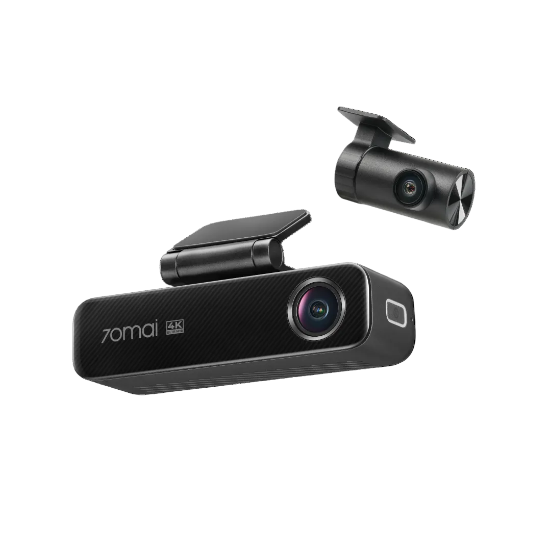 Black dual-lens dash cam with front body and detachable rear camera module