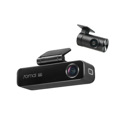 Black dual-lens dash cam with front body and detachable rear camera module