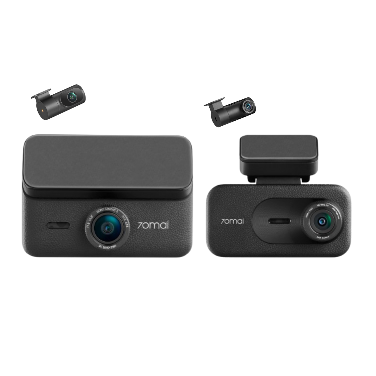 Black dual-lens dashcam kit with front camera module and compact rear camera module