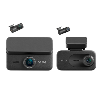 Black dual-lens dashcam kit with front camera module and compact rear camera module