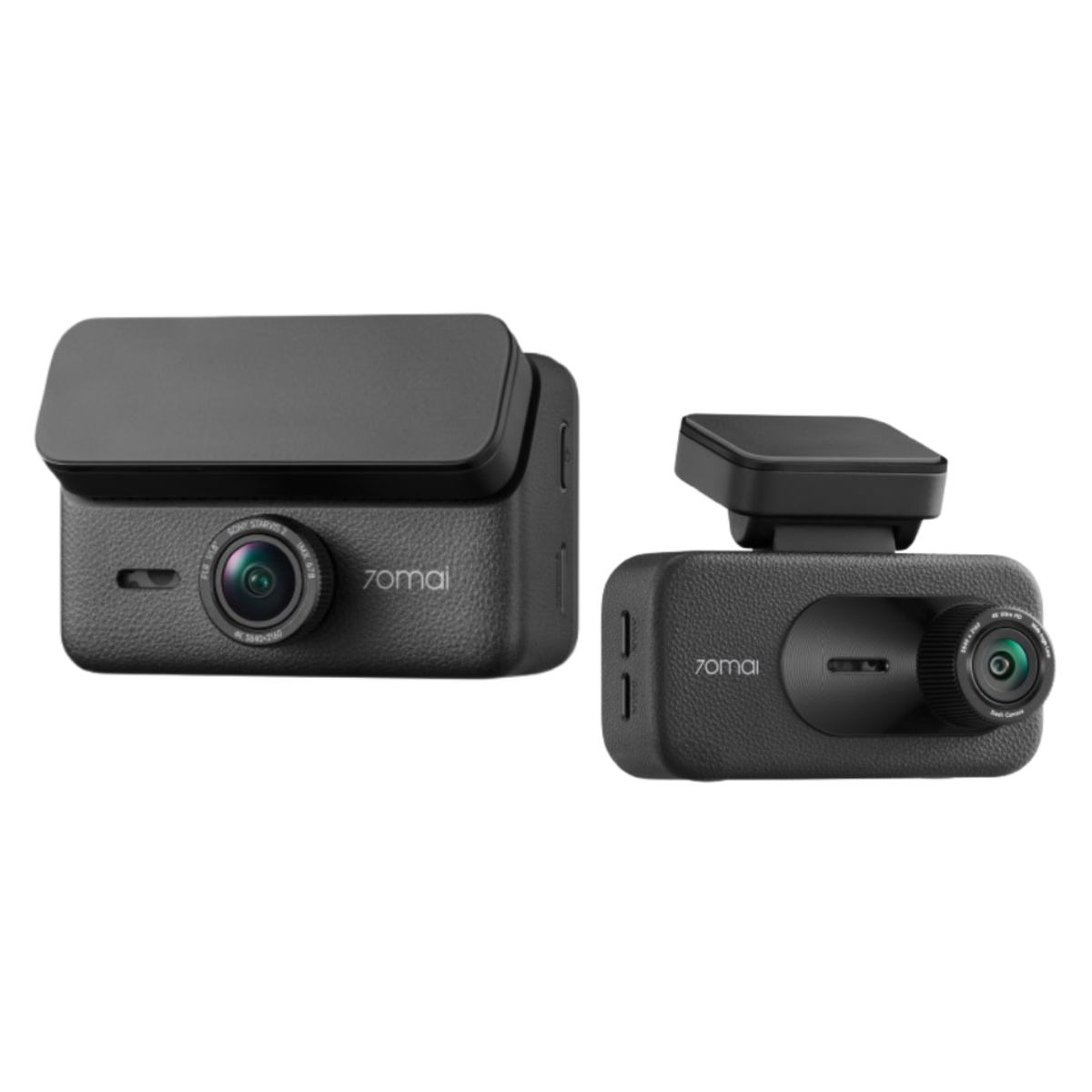 Black dashcam front camera and compact rear camera with wide-angle lens