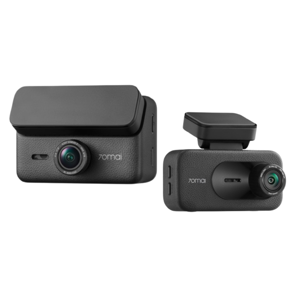 Black dashcam front camera and compact rear camera with wide-angle lens