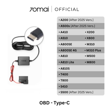 OBD Type-C hardwire kit with power box, OBD connector, and adapter list