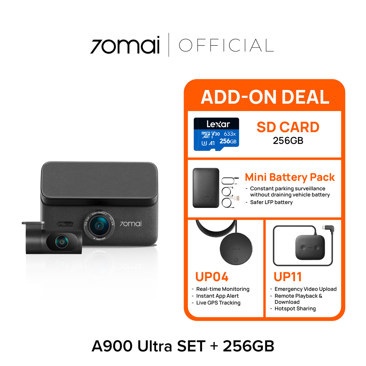 Black A900 Ultra dashcam kit with mini battery pack and 256GB SD card add-on deal