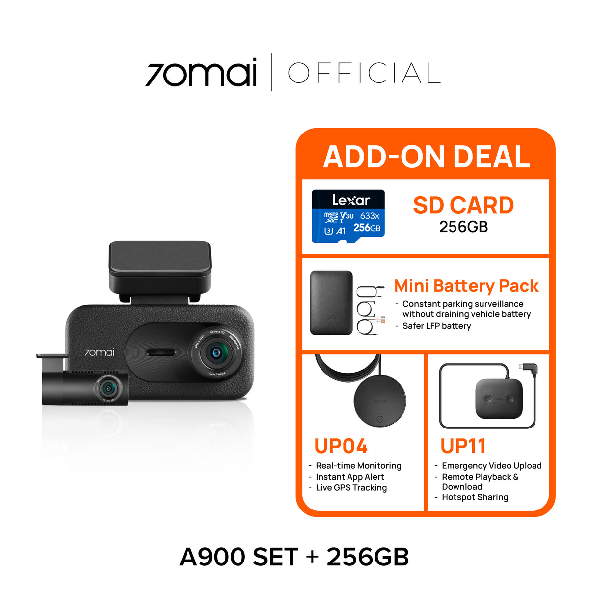 Black dashcam kit with mini battery pack and 256GB SD card add-on deal