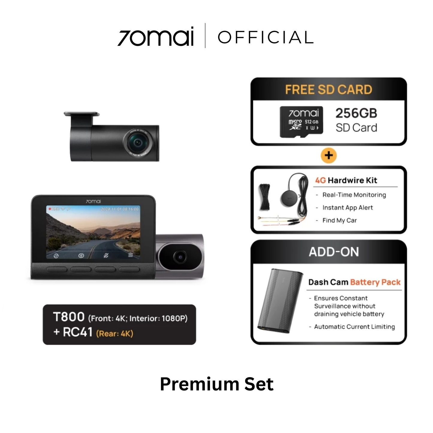 Triple-channel dashcam premium set with dual 4K cameras and front display